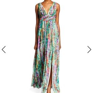 Aidan Mattox Chiffon V-Neck Watercolor Side Slit Dress